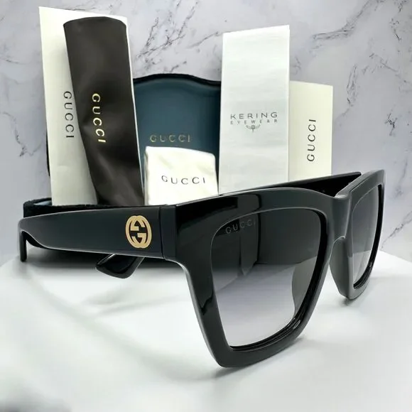 New GUCCI Sunglasses Black Gold Interlocking GG Logo 54-19-140 mm